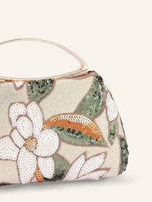 Farahzel Tas Clutch Selempang Elegan Berkilau dengan Motif Daun & Bunga Berwarna-warni, Tas Malam dengan Tali Rantai Bergaya Vintage, Tas Tangan Kotak Persegi Mini - Emas - View 5
