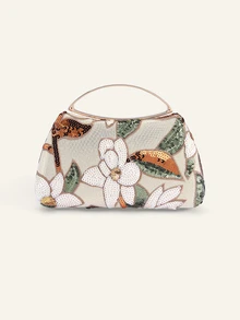 Farahzel Tas Clutch Selempang Elegan Berkilau dengan Motif Daun & Bunga Berwarna-warni, Tas Malam dengan Tali Rantai Bergaya Vintage, Tas Tangan Kotak Persegi Mini - Emas - View 2