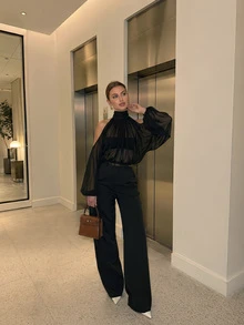 Women's Summer Elegant Casual Black Sheer High Neck Cold Shoulder Long Sleeve Top, Suitable For Beach Party, Vacation And Outing Fall - Black - View 3