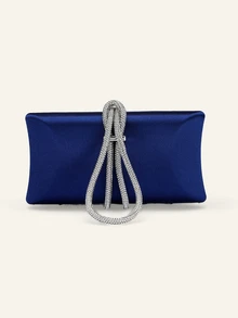 Farahzel 1pc Shiny Rhinestone Decor Box Clutch Purse, Satin Banquet Bag, Formal Party Evening Bag, Chain Shoulder Bag - Navy Blue - View 2