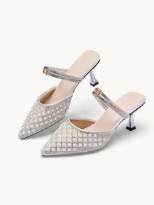 Farahzel New Stylish Rhinestone & Faux Pearl Pointed Toe High Heel Mules, Suitable For Dates, Parties, Commuting And Business Wear, Kitten Heels - Silver - View 4