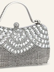 Farahzel Tas Malam Wanita, Set Tas Tangan & Clutch Rumbai Berlian dengan Perangkat Keras Batu Permata Berkilau - Perak - View 5