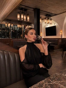 Women's Summer Elegant Casual Black Sheer High Neck Cold Shoulder Long Sleeve Top, Suitable For Beach Party, Vacation And Outing Fall - Black - View 2