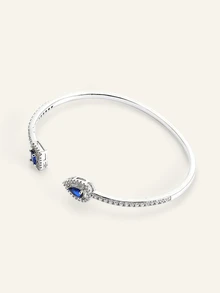 Farahzel 1pc Open Bangle, Fashionable Minimalist Water-Drop Square Design, Copper With Micro-Inlaid Zirconia, Suitable For Daily Wear, Valentine's Gift - Blue - View 6