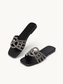 Farahzel Women's Square Toe Minimalist Rhinestone Accent Strap Flat Sandals, Casual Fashion Beach Holiday Style,Spring Summer Outfits - Black - View 4