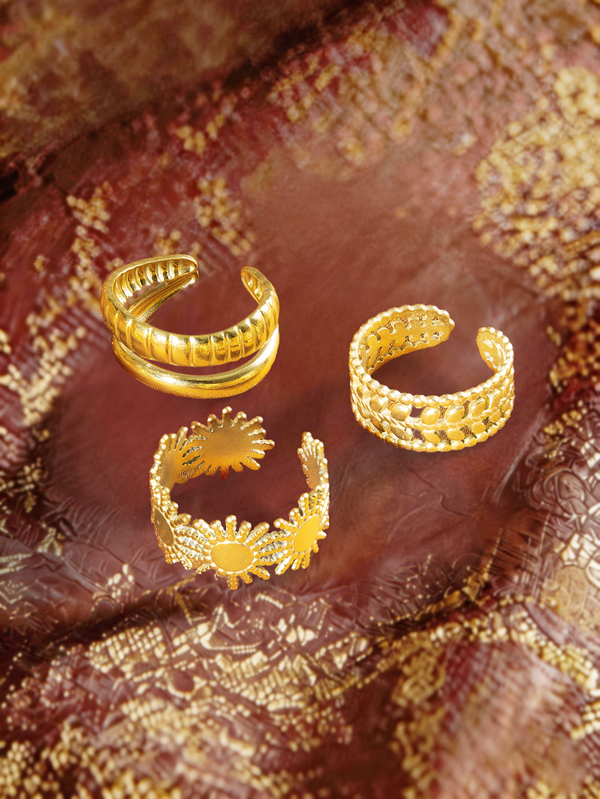 Farahzel 3pcs Stainless Steel Fashionable Sun & Leaf Open Ring Set, Suitable For Women's Daily And Party Wear Jewelry