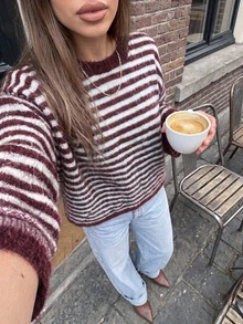 FOR BEAUTY Summer Autumn Y2K Women's Knit Top Elegant Luxury Burgundy Striped Mohair Sweater Fluffy Loose T-Shirt Suitable For Cafe Date Street Style Daily Wear - Blue and Red - View 6