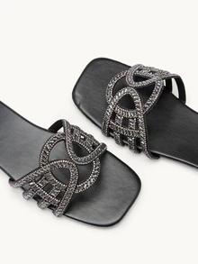Farahzel Women's Square Toe Minimalist Rhinestone Accent Strap Flat Sandals, Casual Fashion Beach Holiday Style,Spring Summer Outfits - Black - View 6