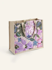 Farahzel 1 pièce Sac fourre-tout en lin patchwork en maille à sequins colorés, design à broderie florale et feuillage tendance, grand sac à bandoulière carré de grande capacité - Parme - Voir 5