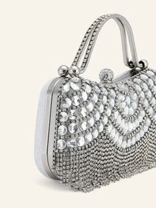Farahzel Tas Malam Wanita, Set Tas Tangan & Clutch Rumbai Berlian dengan Perangkat Keras Batu Permata Berkilau - Perak - View 6