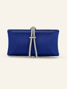 Farahzel 1pc Shiny Rhinestone Decor Box Clutch Purse, Satin Banquet Bag, Formal Party Evening Bag, Chain Shoulder Bag - Navy Blue - View 4