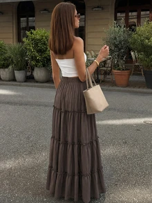 女款夏季海灘度假風荷葉邊層次優雅棕色裙 - 棕色 - 查看 5