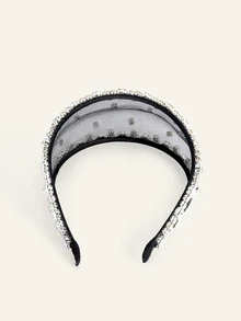 Farahzel 1pc Luxury Black Mesh Rhinestone Wide Headband, Elegant Fashion Hair Accessory For Women, Suitable For Wedding, Party And Daily Wear - Silver - View 5