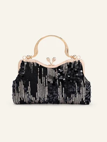 Farahzel Tas Ember Mini Ringan dengan Hiasan Berlian Imitasi, Desain Tali Serut, Cocok untuk Bisnis Kasual - Hitam - View 6