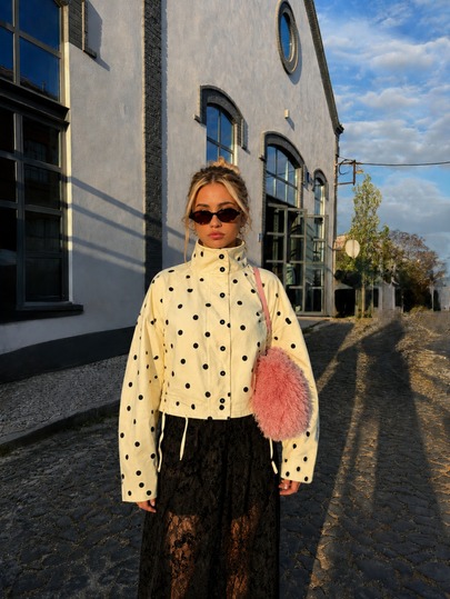 Women's Elegant Casual Polka Dot Pattern Stand Collar Jacket - Side Drawstring, Loose Fit, Front Buttons, Straight Sleeves, Dropped Shoulders, Autumn/Winter