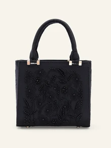 Farahzel Pearl Embroidered Satin Handbag, Cheongsam Party Clutch, Chain Shoulder Bag For Women - Black - View 2