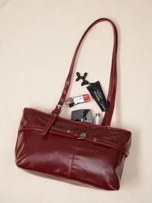 Okurime. 1pc Vintage Large Capacity Tote Bag, Commuter Oversized Underarm Bag, Fashion Motorcycle Wine Red Women's Handbag - Burgundy - View 1