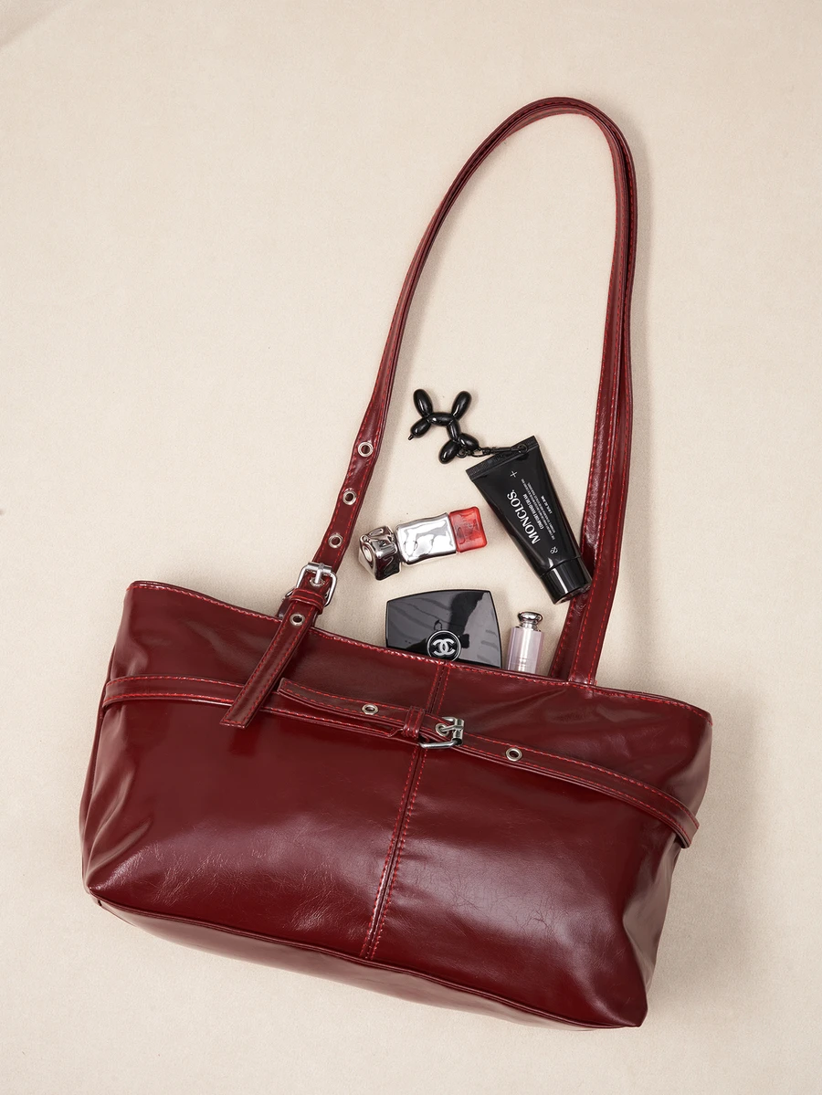 Okurime. 1pc Vintage Large Capacity Tote Bag, Commuter Oversized Underarm Bag, Fashion Motorcycle Wine Red Women's Handbag - Burgundy - View 1