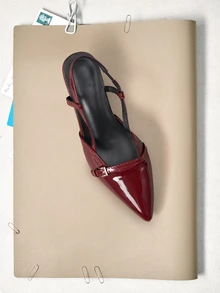 Okurimé 女款時尚優雅新款尖頭性感中跟派對高跟涼鞋 亮面設計 夏季小貓跟鞋 酒紅色 - 酒紅色 - 查看 2