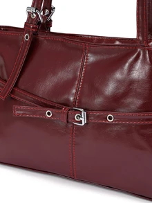 Okurime. 1pc Vintage Large Capacity Tote Bag, Commuter Oversized Underarm Bag, Fashion Motorcycle Wine Red Women's Handbag - Burgundy - View 5