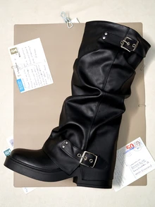 Okurimé 黑色百褶中筒靴，拉链款，厚底，时尚女靴，欧美风，秋冬 - 黑色 - 查看 1