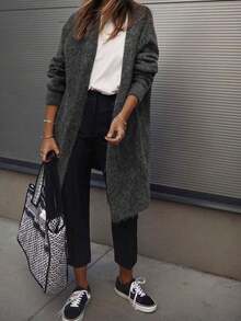 Women's Solid Color Open Front Dropped Shoulder Long Sleeve Mid-Length Soft Casual Knit Cardigan - Urban Commute Gray Comfortable Mid-Length Sweater Jacket - Dark Grey - View 2