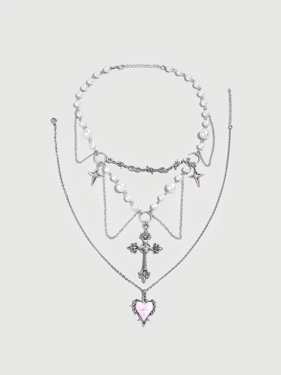 DareSee 2pcs Gothic Layered Cross Necklace,Rose Thorn Cross Pendant Punk Layered Sweater Chain Necklace Set For Women Halloween - Silver - View 1