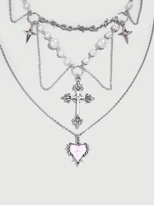 DareSee 2pcs Gothic Layered Cross Necklace,Rose Thorn Cross Pendant Punk Layered Sweater Chain Necklace Set For Women Halloween - Silver - View 2