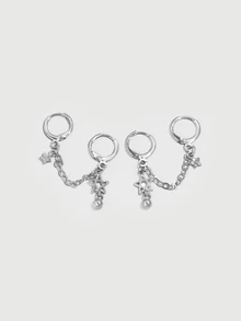 DareSee 1pc Fashionable Tassel & Star Asymmetric Y2K Silver Tone Earring For Women Halloween - Silver - View 1