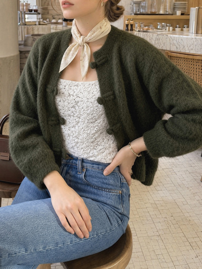 FOR BEAUTY Cardigan de Tricô Felpudo com Botões Verde Escuro Elegante Casual Y2K Outono Inverno Blusas de Suéter Femininas para Sair Festa Férias Looks para Show