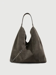 DareSee Women's Shoulder Bag/Handbag, Brown Suede, Large Capacity, Decorated With Rivets, Vintage Versatile Commuter Style Halloween - Army Green - View 1