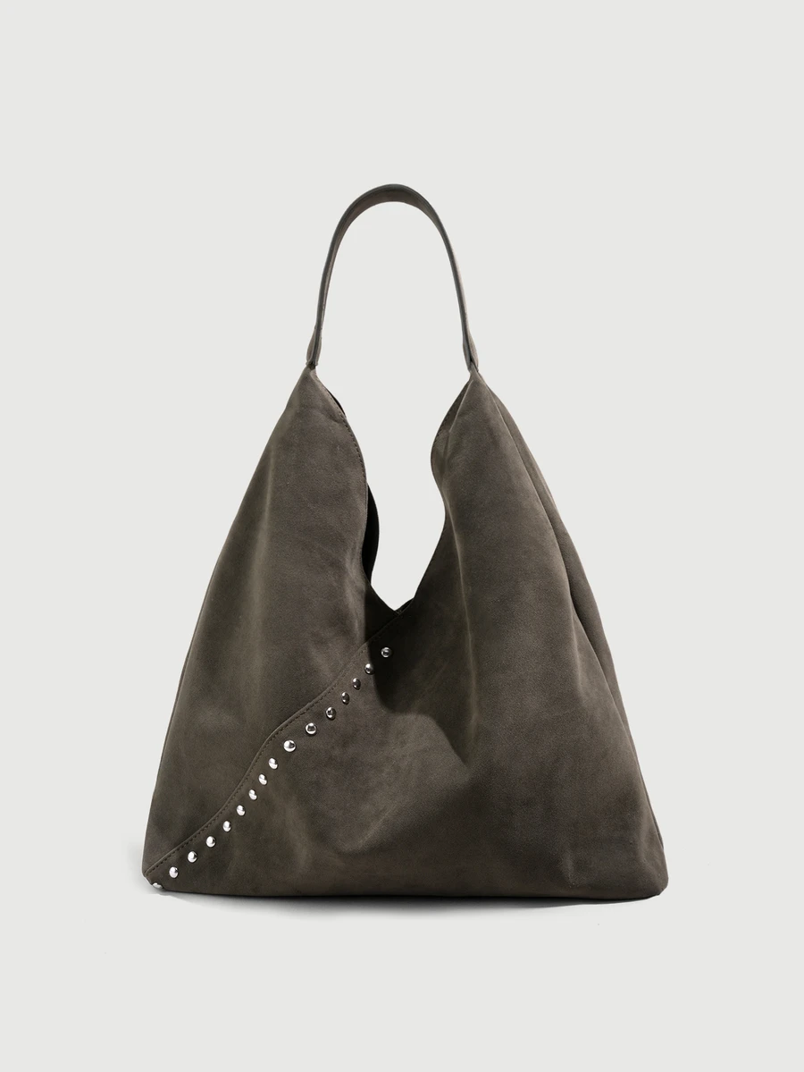 DareSee Women's Shoulder Bag/Handbag, Brown Suede, Large Capacity, Decorated With Rivets, Vintage Versatile Commuter Style Halloween - Army Green - View 1