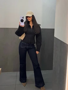 女款寬拉鍊夾克，時尚修身輕量純色外套，適合春秋穿著，黑色 - 黑色 - 查看 2