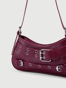 DareSee 1pc Y2K Gothic Style Rivet Decor Retro Square Decor Women's Shoulder Bag, Suitable For Daily Commute, Perfectly Matches Music Festivals Halloween - Burgundy - View 4