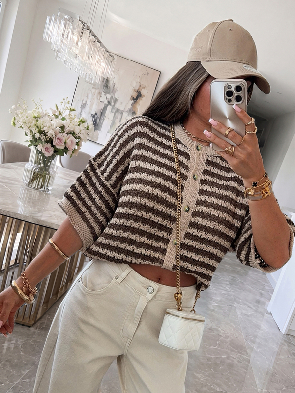 Mori Fall Winter Women Cardigans Brown Beige Striped Y2K Casual Short Sleeve Button Down Crew Neck Knit Going Out Party Vacation School