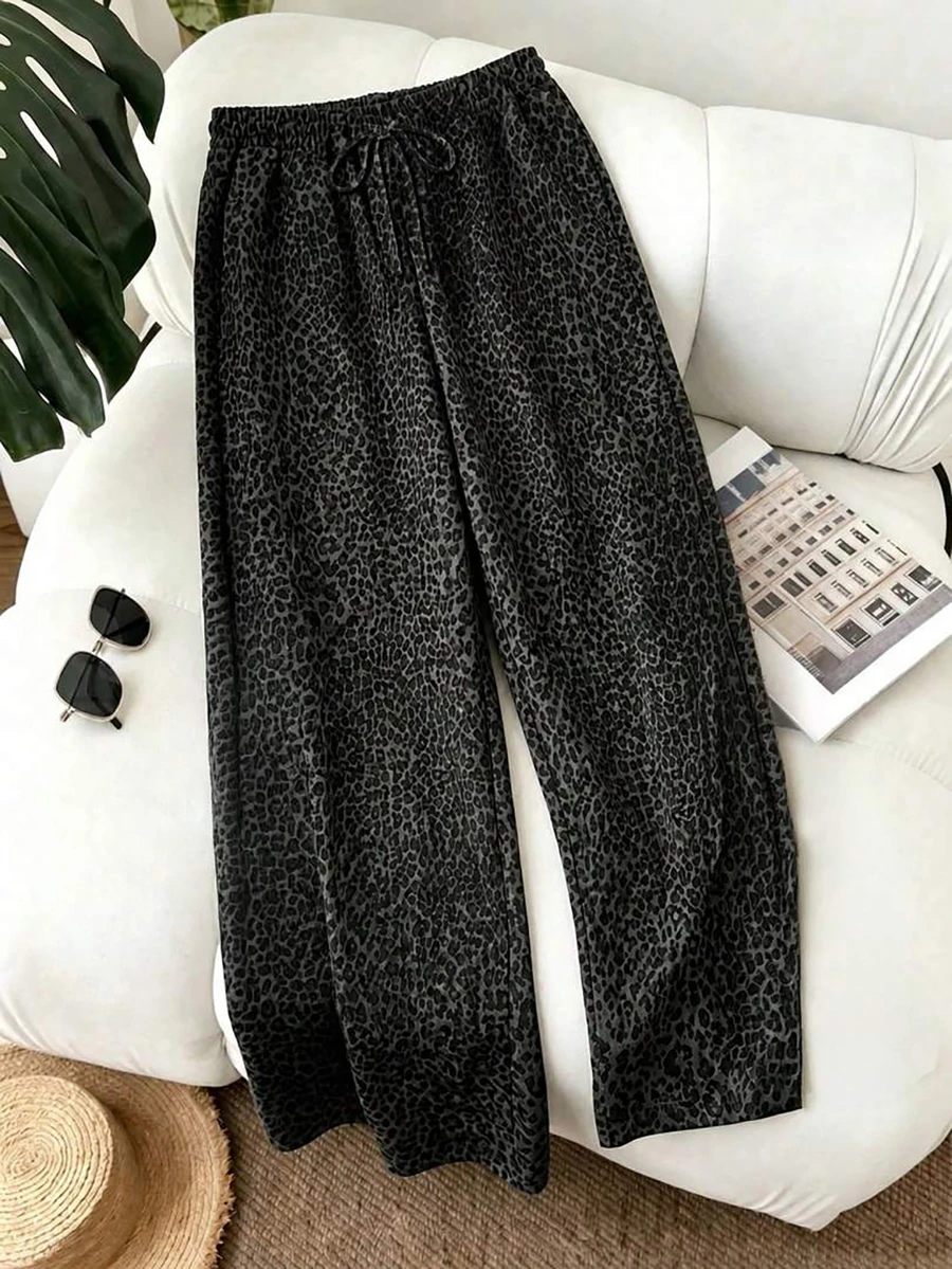 Women's Plus Size Leopard Print Drawstring Straight Leg Long Fabric Pants Vacation - Grey - View 1