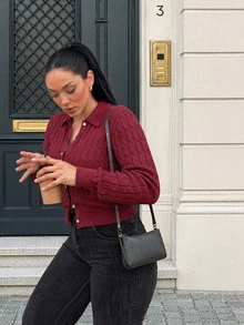 FOR BEAUTY Fall Winter French Chic Burgundy Cable Knit Lapel Collar Button Down Slim Fit Cardigan Sweater Tops Outerwear Women Work Outfits - Angolan Red - View 10