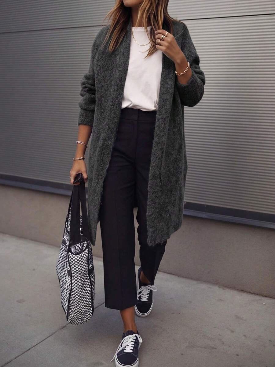 Women's Solid Color Open Front Dropped Shoulder Long Sleeve Mid-Length Soft Casual Knit Cardigan - Urban Commute Gray Comfortable Mid-Length Sweater Jacket - Dark Grey - View 1