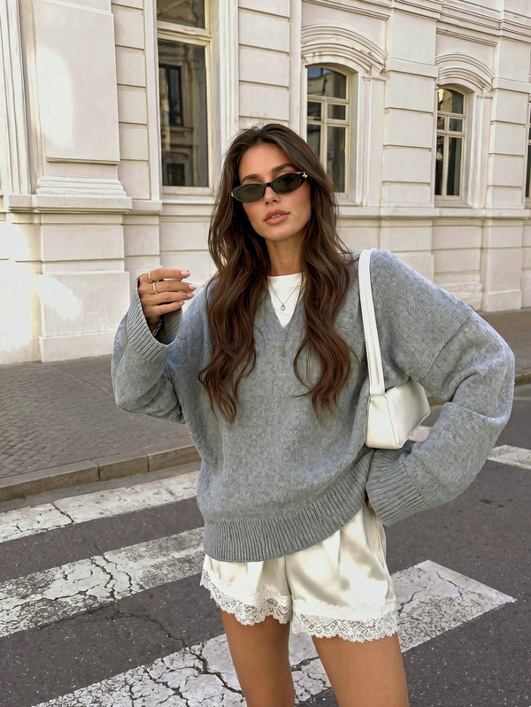 MORI Fall Winter Women Sweaters Y2K Cozy Soft Grey V Neck Oversized Drop Shoulder Loose Knit Sweater Pullover Tops Aesthetic Streetwear Outfits