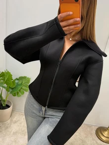女款寬拉鍊夾克，時尚修身輕量純色外套，適合春秋穿著，黑色 - 黑色 - 查看 6