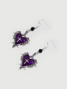 DareSee Gothic Cross, Heart, Rose Flower, Bow Knot, Thorn Decor Beaded Y2K Earrings For Women, Retro Dark Style Halloween - Purple - View 2