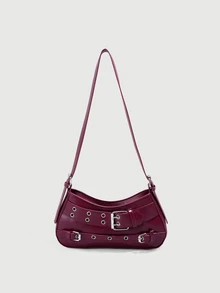 DareSee 1pc Y2K Gothic Style Rivet Decor Retro Square Decor Women's Shoulder Bag, Suitable For Daily Commute, Perfectly Matches Music Festivals Halloween - Burgundy - View 1
