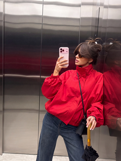 Women's Bright Red High Neck Zipper Top, Casual Long Sleeve Lightweight Jacket, Suitable For Spring And Autumn