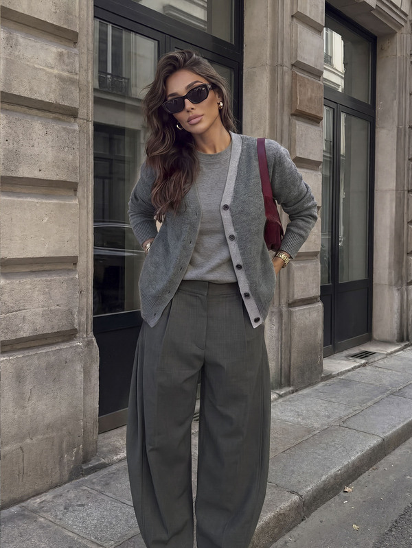Women's Grey Knitted Cardigan, Autumn/Winter, Simple All-Match Style, Wool Blend, Create A Minimalist And Professional Look Fall