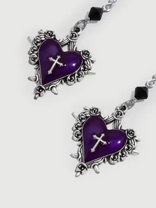 DareSee Gothic Cross, Heart, Rose Flower, Bow Knot, Thorn Decor Beaded Y2K Earrings For Women, Retro Dark Style Halloween - Purple - View 3