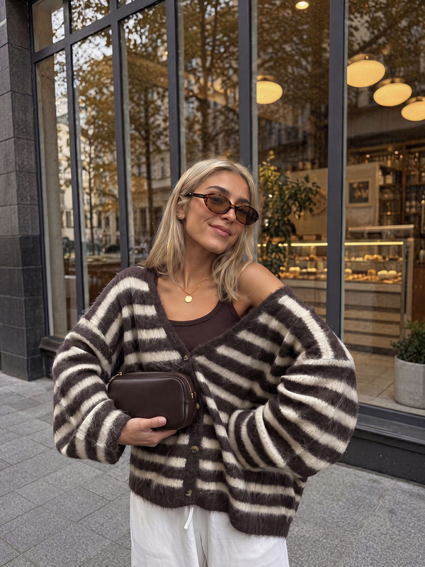 MORI Cardigan de Senhora para Outono/Inverno Y2K, Chocolate e Bege às Riscas, com Botões, Decote em V, Ombros Caídos, Manga Comprida, Malha Macia e Fofa, Top de Malha para Férias