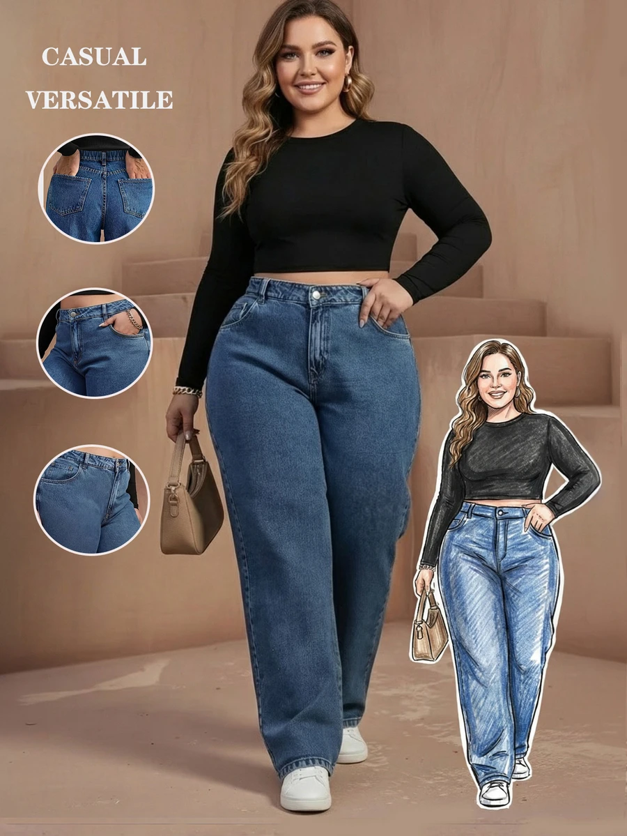 Celana Jeans Wanita Ukuran Besar dengan Potongan Lebar, Desain Saku Panjang, Tidak Melar, Cocok untuk Pemakaian Sehari-hari di Musim Semi