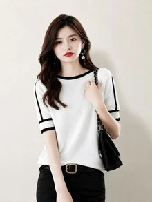 Women's Round Neck Raglan Short Sleeve Knit Top, Regular Length, Contrast Trim, Soft & Stretchy Fabric White Summer - White - View 1