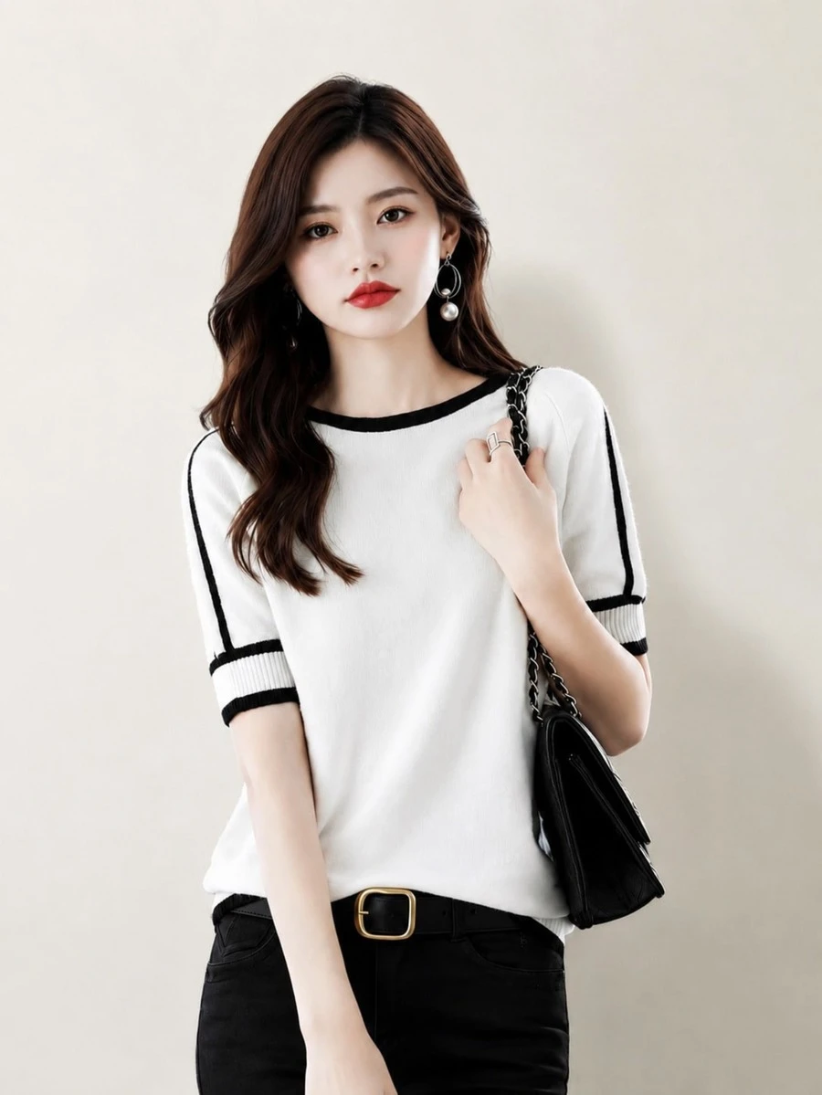 Women's Round Neck Raglan Short Sleeve Knit Top, Regular Length, Contrast Trim, Soft & Stretchy Fabric White Summer - White - View 1