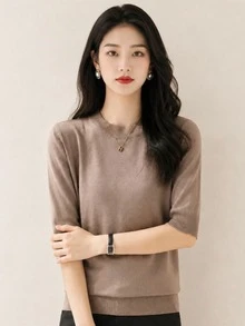 女士精致高领中袖针织毛衣上衣，时尚优雅宽松款式，适合春秋季节 - 玫瑰棕 - 查看 1